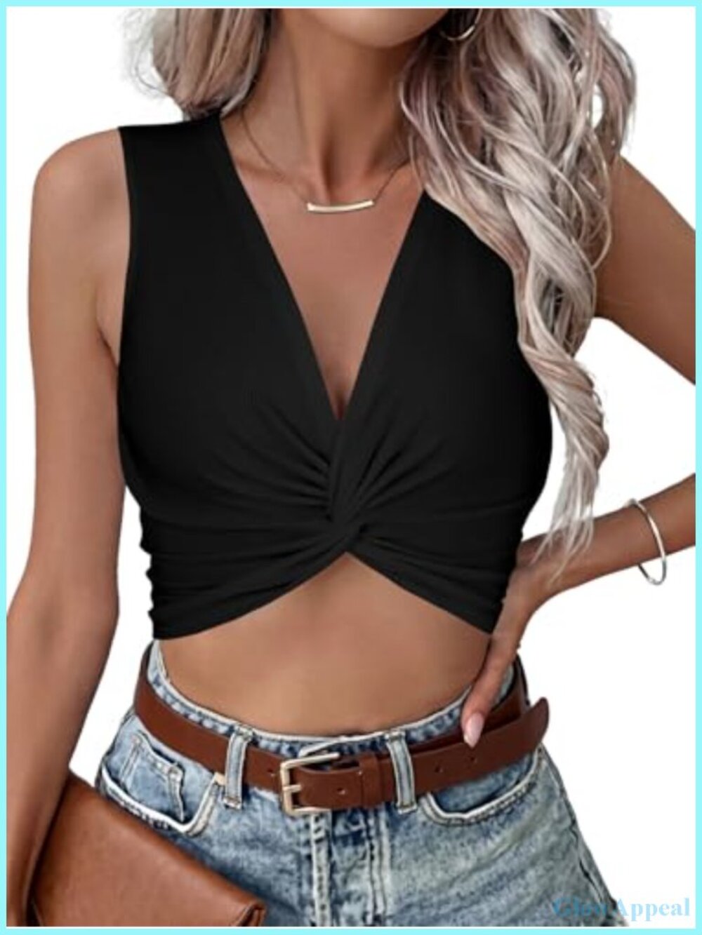 V Neck Twist Front Sleeveless Ribbed Knit Crop Tank Top